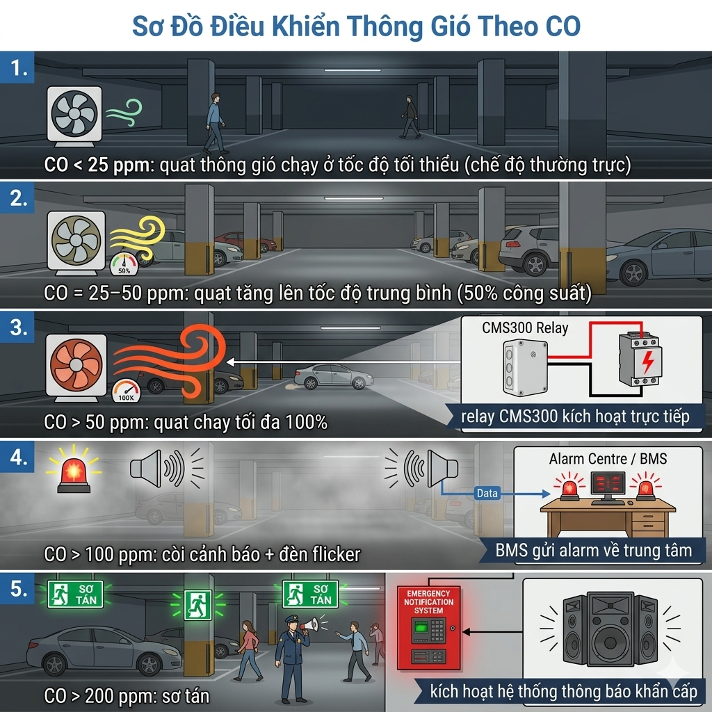 Sơ đồ điều khiển thông gió theo cảm biến khí CO